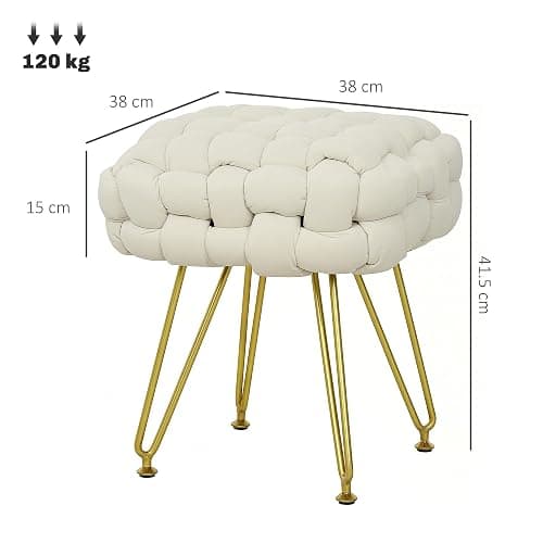 HOMCOM Square Foot Stool, Woven Footrest Ottoman with Metal Legs, Padded Makeup Vanity Stool, Velvet Dressing Table Seat for Bedroom, Cream White thumbnail 3