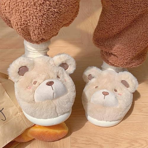 conrtems Winter home warm Baotou cotton slippers girl heart cute plush bear soft bottom slippers. thumbnail 5