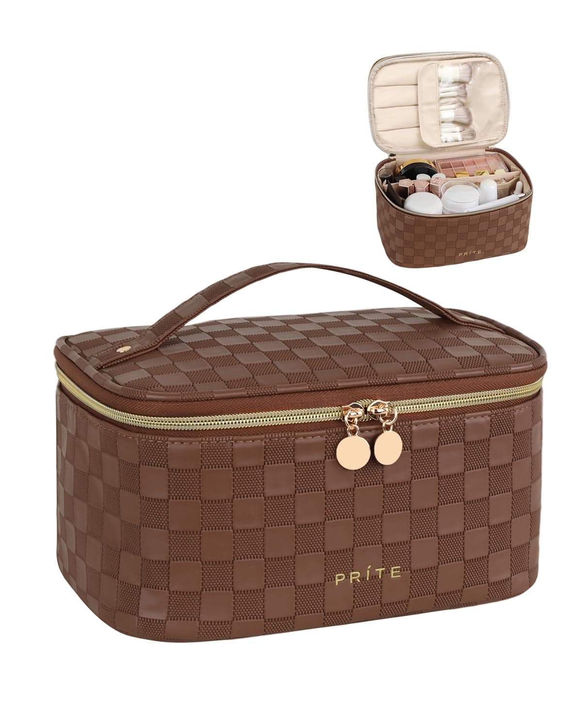 Prite Large Cosmetic Bag Women Travel Bag Cosmetic Bag Waterproof Leather Toiletry Bag Portable Makeup Organizer Pouch with Handle and Removable Divider, Brown Check, Classic - Image 1