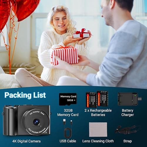 4K Digital Camera for Photography and Vlogging, 64MP Compact Autofocus Video Camera with Dual Lens, Anti-Shake, 16X Zoom, Flash, 32GB SD Card & 2 Batteries, for Teens & Beginners (Black) thumbnail 8