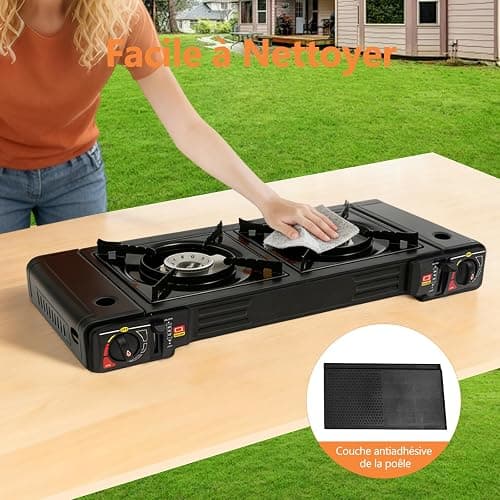Réchaud à gaz portable 2 feux avec plateau de barbecue et mallette de rangement pour camping, voyage, randonnée, pique-nique, barbecue sur la terrasse et bien plus encore thumbnail 7