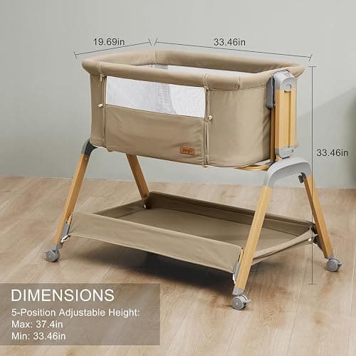 Jimglo 3 in 1 Baby Bassinet, Rocking Bassinets with Comfy Mattress and Wheels, Adjustable Height Bassinet Bedside Sleeper, Easy Folding Portable Crib for Newborn (Khaki) thumbnail 3