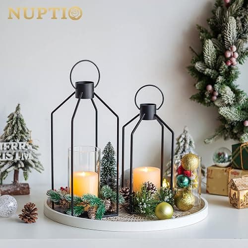 Nuptio Decorative Lantern Candle Holder: 2 Pcs Glass Hurricane Pillar Candles Holders Rustic Black Metal Hanging Lanterns Decor for Outdoor Wedding Farmhouse Home Fireplace Christmas Halloween thumbnail 4