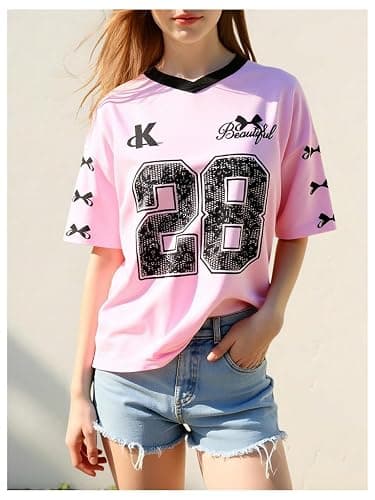 RoseSeek Girl's Oversized Tshirts Number Graphic Jersey Shirts V Neck Short Sleeve Sports Tee Tops Streetwear thumbnail 2