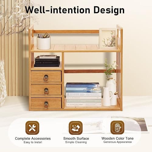 Veruopes Bamboo Desk Shelves with 3 Drawers Office Desktop Storage Rack Desk Top Document Storage Organizer Rectangular Desktop File Holder Open Design for Office Home School 19.7 * 7.5 * 17.7in thumbnail 3