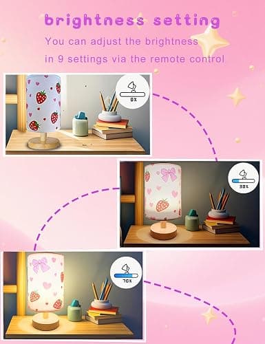 Strawberry Lamp, Strawberry Room Decor for Girls,3 Color Changing LED Night Light with 9 Brightness Levels Wood Nightstand Desk Base Flaxen Fabric Shade for Bedroom Living Room (Pink Strawberry) thumbnail 3