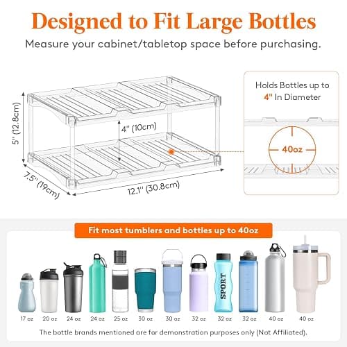 Lifewit Stackable Bottle Storage Organizer, Clear Freestanding Wine Holder for Cabinet, Large Slot Water Bottle Tumbler Cup Organizer for Pantry, Plastic Wine Rack for Fridge Cellar, 2Tier Hold 6 thumbnail 3