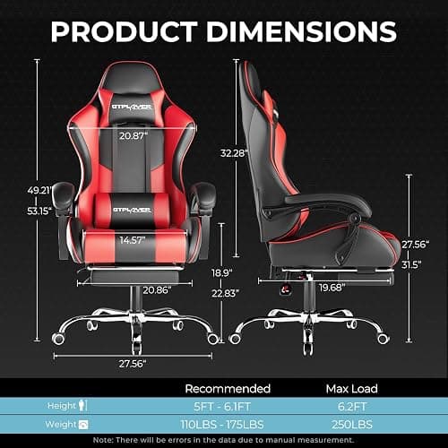 GTPLAYER Gaming Chair, Computer Chair with Footrest and Lumbar Support, Height Adjustable Game Chair with 360°-Swivel Seat and Headrest and for Office or Gaming (Faux Leather, Red) thumbnail 3