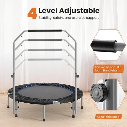 Sweetcrispy 40" in/48 in Mini Fitness Trampoline - 330LBS Foldable Exercise Rebounder with Adjustable Handle, Stable and Quiet, for Adults Indoor/Outdoor Workout thumbnail 2