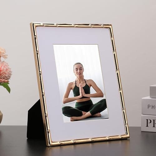 YiPinYin 8x10'' Bamboo Detail Gold Metal Picture Frame with Acid Free Mat for 5x7'' Set of 2,Narrow Gold Plated Photo Frames 5 x7'' With Soft Touch Velvet Backing for Desktop and Wall Décor thumbnail 2