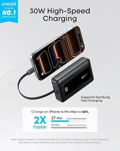 Anker Zolo Power Bank (2025 Upgraded Version), 20,000mAh 30W High-Speed Portable Charger with Built-in USB-C Cable, Battery Pack for iPhone 17/16 / 15 Series, Galaxy, and More thumbnail 2