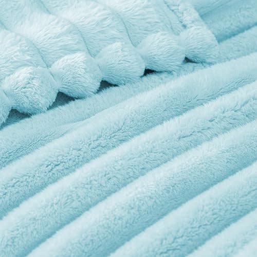 Exclusivo Mezcla Fleece Throw Blanket for Couch, Super Soft Striped Jacquard Bed Blanket, Lightweight Fuzzy Cozy for All Seasons, 50x60 Inches, Light Blue - Light Blue - Throw (50"x60") thumbnail 4