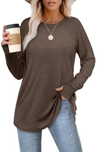XIEERDUO Womens Tunic Tops to Wear with Leggings Long Sleeve Thumb Hole Shirts Crew Neck Curved Hem thumbnail 2