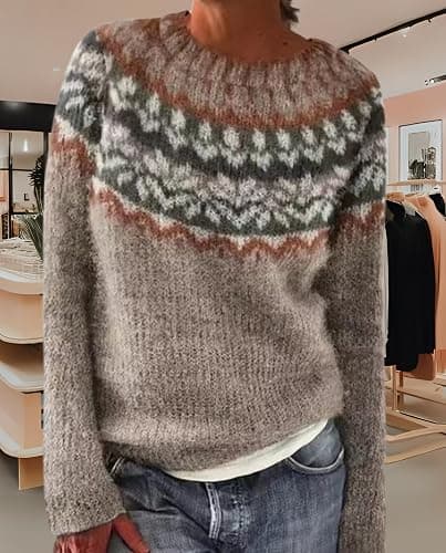 Scapodo Women's Oversized Sweater Vintage Striped Crewneck Top Soft Acrylic Long Sleeve Casual Pullover for Vacation thumbnail 2