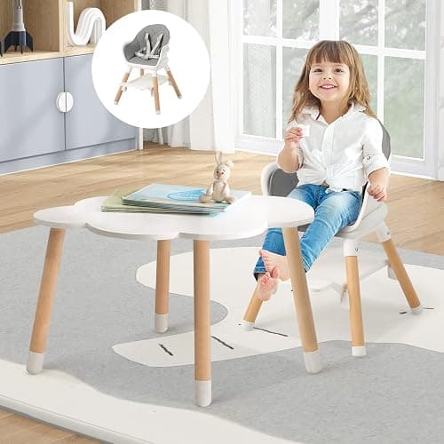 HONEY JOY Baby High Chair, 6 In 1 Convertible Wooden Highchair for Babies and Toddlers/Toddler Chair/Bar Stool, Removable Double Tray & Reversible Footrest, Safety Harness for Infant Boys Girls (Gray) thumbnail 2