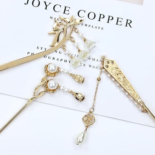 Lawie 10 Pack Retro Gold Metal Long Hair Sticks Pins with Pearl Jade Dangles Tassels Pendants Chinese Hanfu Asian Flower Butterfly Hair Chopsticks Hair Picks Bun Forks Holders Hairpins for Women Girls thumbnail 9