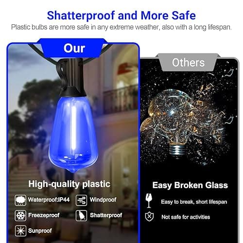 LAMPHOME 26Ft ST38 Outdoor String Lights, Blue Patio Lights with 12+1 ST38 Edison Bulbs, LED Shatterproof String Lights for Outside Bistro Christmas Patio Party Decorations thumbnail 4