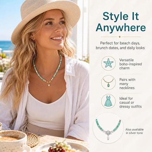 Jewelry Dainty Handmade Beaded Necklace, Turquoise and Pearl Beads, Turquoise Jewelry for Women thumbnail 2