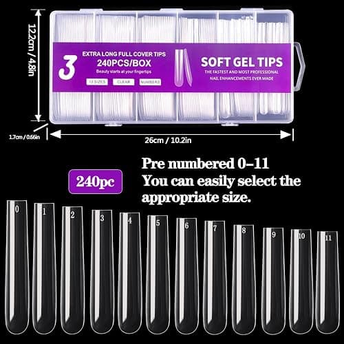 3XL Square Nail Tips, 240PCS Clear Full Cover Artificial False Nails Tips, Extra Long Square No C Curve Acrylic Nail Tips, XXXL Tapered Fake Nails for Salons Home DIY Nail Art 12 Sizes thumbnail 6
