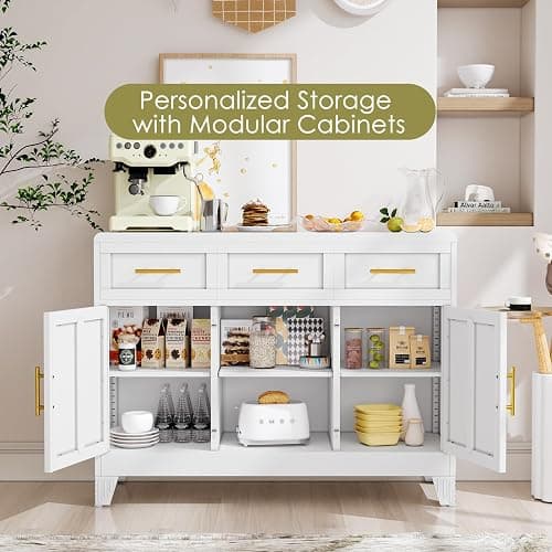 Sideboard Buffet Cabinet with Drawers, White 47.2" Large Sideboard Cabinet with Doors & Adjustable Shelves, Modern Farmhouse Coffee Bar Console Table, Coffee Bar for Kitchen, Dining Room thumbnail 2