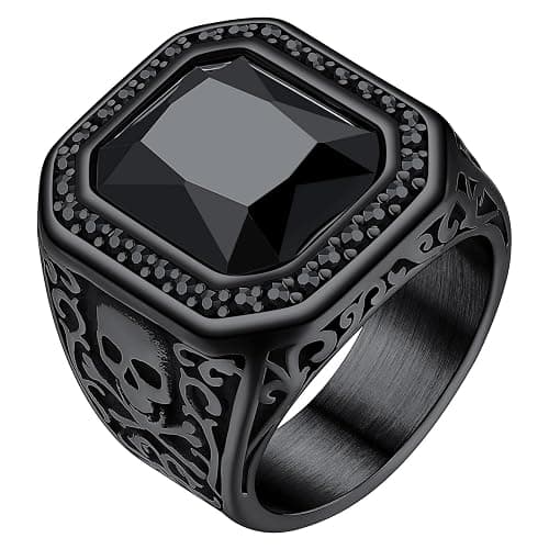ChainsHouse Mens Black Onyx Rings, Retro X Bone Skull Stainless Steel Signet Rings for Men, Black Onyx Agate Gemstone Rings Jewelry, Offer Custom Service, Size 7-14 - Image 1