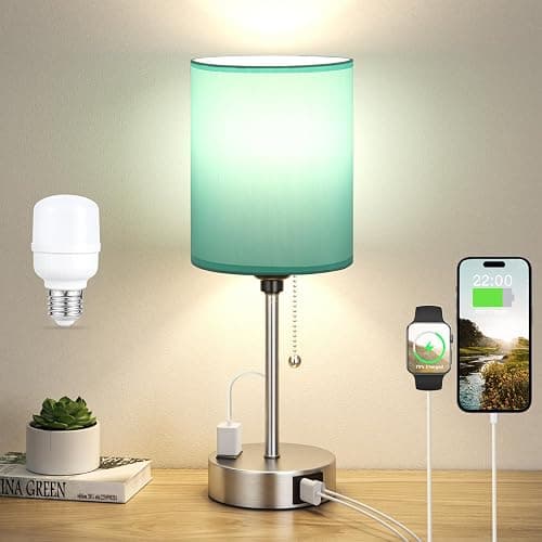 Small Bedside Table Lamp for Bedroom - Desk Lamp with USB Ports for Dorm | USB A+C Ports, AC Outlet, 3 Color Temperatures, LED Bulb Included, Teal Fabric Shade, Sleek Silver Base, 14" Night Stand Lamp - Image 1