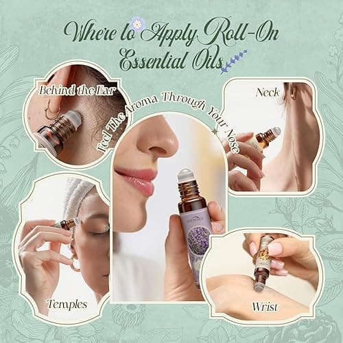 SNOWSEN Essential Oils Roll On Set, Natural Aromatherapy Oils for Skin, with Glass Rollerball, Lavender, Peppermint, Frankincense, Eucalyptus, Lemon, Myrrh, Essential Oil Roll On Gift Set, 6 x 10ml thumbnail 6