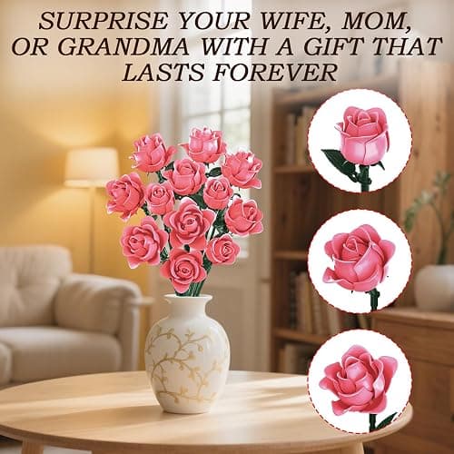 HAYXUN for Mom, 12 Pink Roses Building Blocks Bouquet Set (585 PCS), Botanical Building Set, Everlasting Floral Home Decor, Mother‘s Gift for Grandma, Wife, Women thumbnail 3