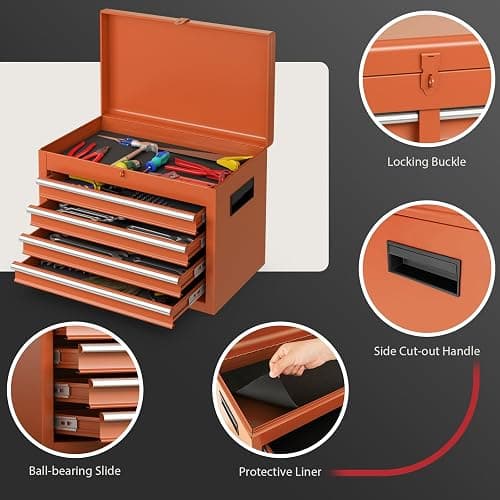 COSTWAY Large Rolling Tool Cabinet, 2-in-1 Detachable Metal Tool Chest with Drawers, Wheels, Handle & Hooks, Lockable Tool Box Trolley for Garage Workshop (5 Drawer with Adjustable Shelf, Orange) thumbnail 8