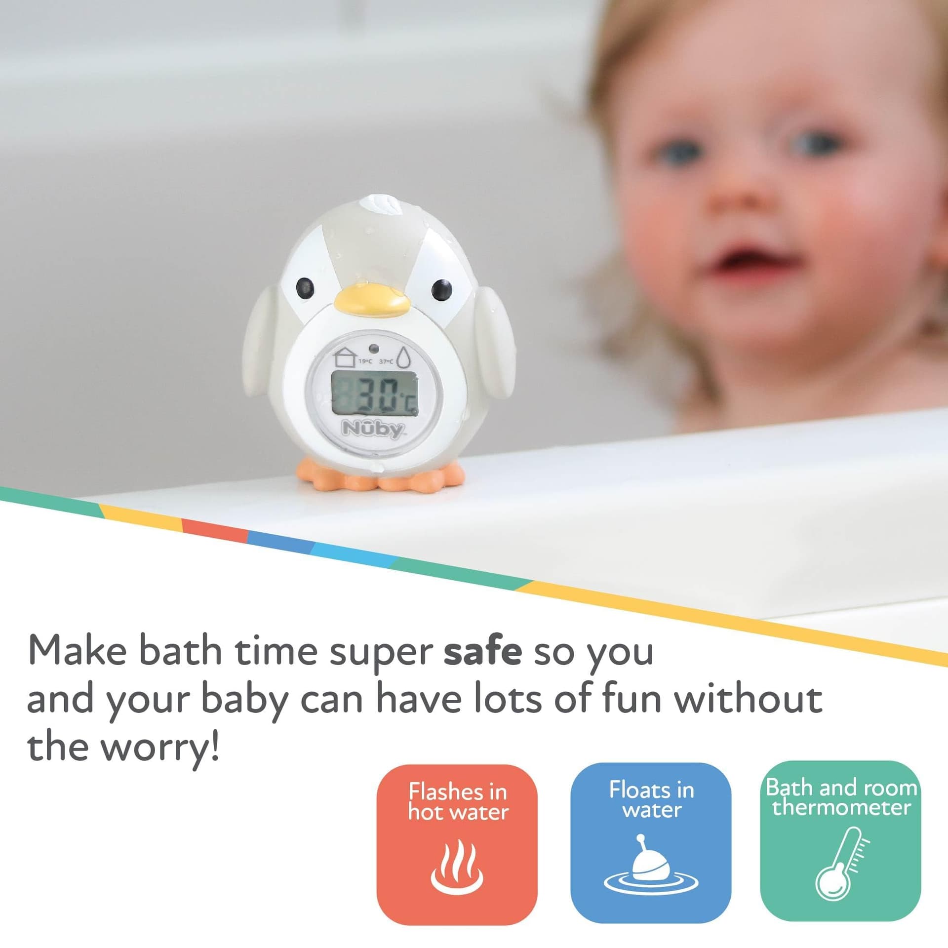 Nuby - Penguin Shaped Baby Bath Digital Thermometer - Easy to Read Screen - BPA Free - Gray - Suitable from 0 Months thumbnail 2