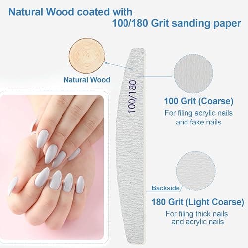 Nail Files (12 Pack), 100/180 Grit Wooden Emery Board Nail File Double Sided Wood Emory Fingernail Files for Natural Nails Professional Reusable Manicure Pedicure Curved thumbnail 3