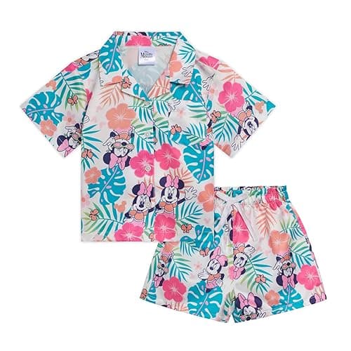 Disney Mickey Mouse Minnie Mouse Hawaiian Button Down Shirt and Shorts Outfit Set Toddler to Big Kid Sizes (2T - 14-16)