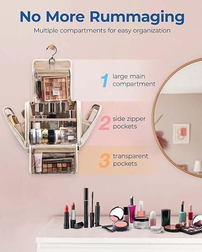 BAGSMART Toiletry Bag Travel Makeup Bag with Hanging Hook, Cosmetic Bag Make Organizer Case, Large Capacity Water-resistant Organizer for Toiletries Accessories Brushes Sponge, Beige - Beige - Large thumbnail 2