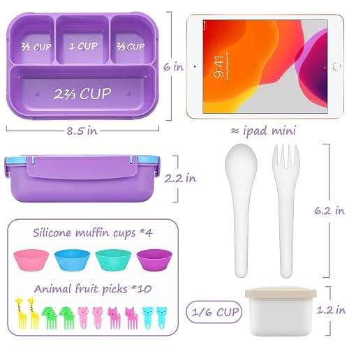 QQKO Bento Lunch Box for Kids Girls Boys, Toddler Kids Lunch Boxes for School, Lunch Containers for Adults with 4 Compartments, Sauce Container, Utensils, Food Picks and Muffin Cups, Purple thumbnail 2
