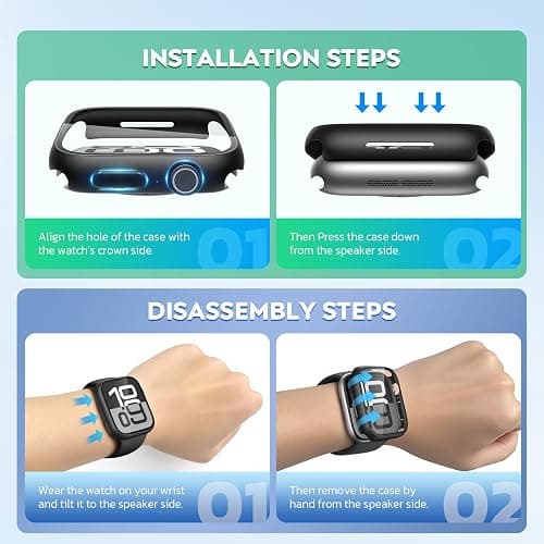 Misxi [2 Pack] Waterproof Hard Case with Tempered Glass Compatible with Apple Watch Series 11 (2025) Series 10 42mm, Overall Protective Cover for iWatch Screen Protector, 1 Gold + 1 Transparent thumbnail 7
