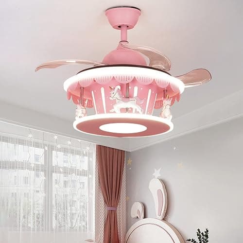 PSXPSXO Cartoon Pink Ceiling Fan with Lights Kids LED Ceiling Lamp Creative Carousel with Invisible Blades Close to Ceiling Lighting for Living Room Bedroom thumbnail 2