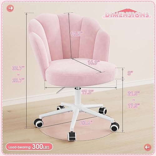 Homkdom Office Vanity Chair with Wheels, Comfy Desk Chair with Back, Armless Home Office Desk Chair Hight Adjustable & 360° Swivel, Makeup Task Chair for Bedroom, Study Room, Blush Pink thumbnail 3