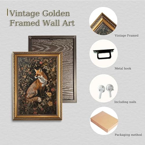 XJYISUO Vintage Gold Framed Wall Art Dark Academia Wall Art Fox Pictures Wall Decor Botanical Canvas Art Flower Paintings Nature Artwork For Living Room Bedroom thumbnail 5