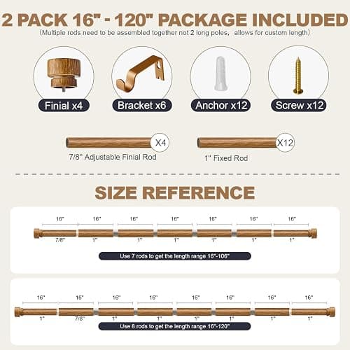 2 Pack Wood Curtain Rods for Windows 66 to 120 Inches 1" Diameter Boho Decorative Heavy Duty Window Curtain Rod Set Adjustable with Solid Finials for Living Room Bedroom Kitchen Farmhouse Outdoor - 16"-120"|2 Pack thumbnail 9