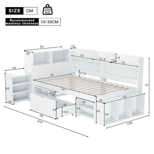 Merax Stylish Single Bed, 3FT Bed Frame with Drawers, Bookcase and Storage Cupboard, Multifunctional Wooden Single Bed Frame with Storage, Children's Bed, Slatted Frame, White, 90x190cm thumbnail 2