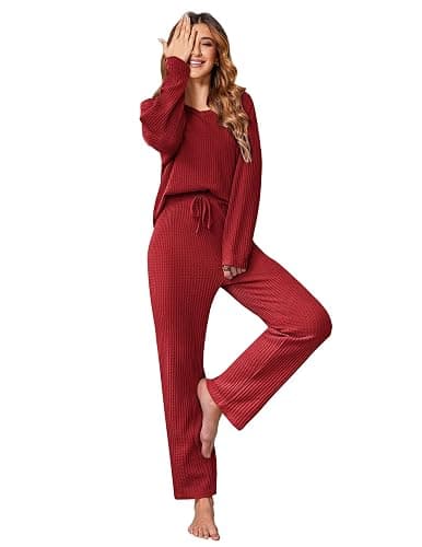 Ekouaer Women's Waffle Knit Pajama Sets Comfy Long Sleeve Lounge Sets 2 Piece Matching Pj Sets with Pockets - Image 1