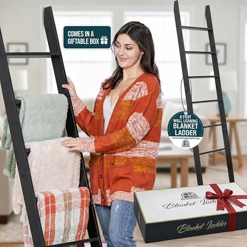 Blanket Ladder for the Living Room and Bedroom, Quilt Rack, 6-Tier, Black | 5ft 8 inch, Wall Leaning Blanket Holder, Laminate Snag Free, Rustic Decorative Farmhouse Ladder Shelf for Blankets thumbnail 3