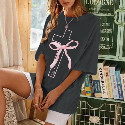 BINTEHGS Christian Faith Cross T Shirts for Women God Oversized Bow Graphic Tshirts Cute Tees Coquette Top for Teen Girls thumbnail 4