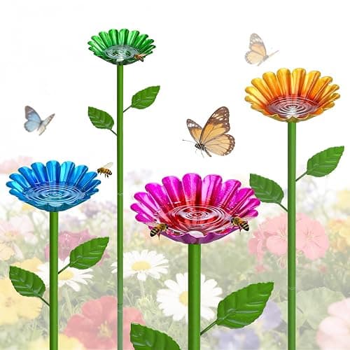 Mellbree Bee Watering Station, 4-Pack Metal Flower Bee Bath for Garden – Attract Butterflies & Pollinators – Colorful Outdoor Garden Stakes for Yard, Patio, Butterfly Garden – Gardening Essentials - Image 1