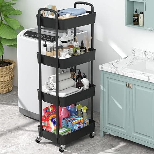 Sywhitta 4-Tier Plastic Rolling Utility Cart with Handle, Multi-Functional Storage Trolley for Office, Living Room, Kitchen, Movable Storage Organizer with Wheels, Black - 4-tier - Black thumbnail 6