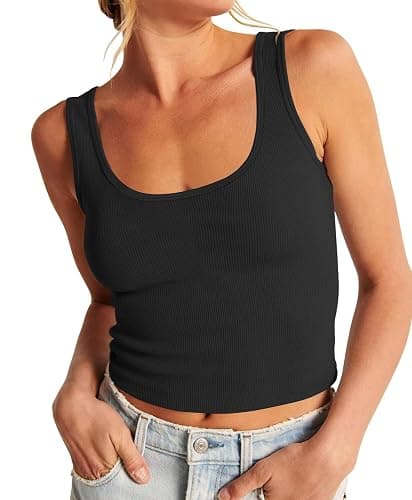 Artfish Women's Scoop Neck Sleeveless Knit Ribbed Fitted Casual Crop Tank Top - Image 1