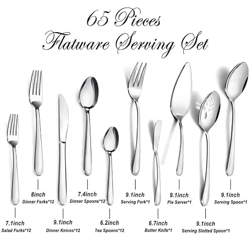 Pleafind 65-Pieces Silverware Set for 12 with 5 Serving Utensils,Stainless Steel Cutlery Set, Include Forks Spoons and Knives Set, Mirror Polished Utensil Sets for Home Restaurant,Dishwasher Safe thumbnail 2