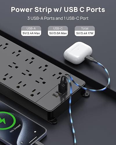 TROND Surge Protector Power Bar with USB C, 4000 Joules, ETL Listed, 13 Widely Spaced Outlets, 5ft Flat Plug Extension Cord Indoor, 14AWG Heavy Duty, Wall Mountable for Home Office Supplies, Black thumbnail 6