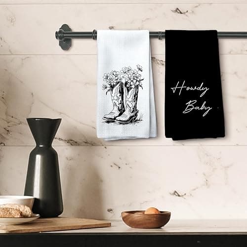 Tzhim Western Kitchen Towels, Preppy Cowboy Hand Towels, Black Cowgirls Boots Floral Rodeo Dishcloths Tea Towels for Kitchen, Vintage Retro Howdy Baby KitchenBathroom Decor Set of 2, 16x24in thumbnail 5