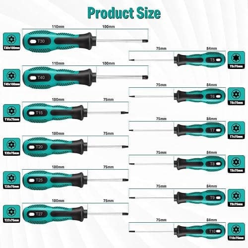 Magnetic Torx Screwdriver Set 12pcs, T5 - T40 Tamperproof Torx Driver Star Screwdriver Set with Magnetizer & Demagnetizer, Chrome Vanadium Steel Made thumbnail 4